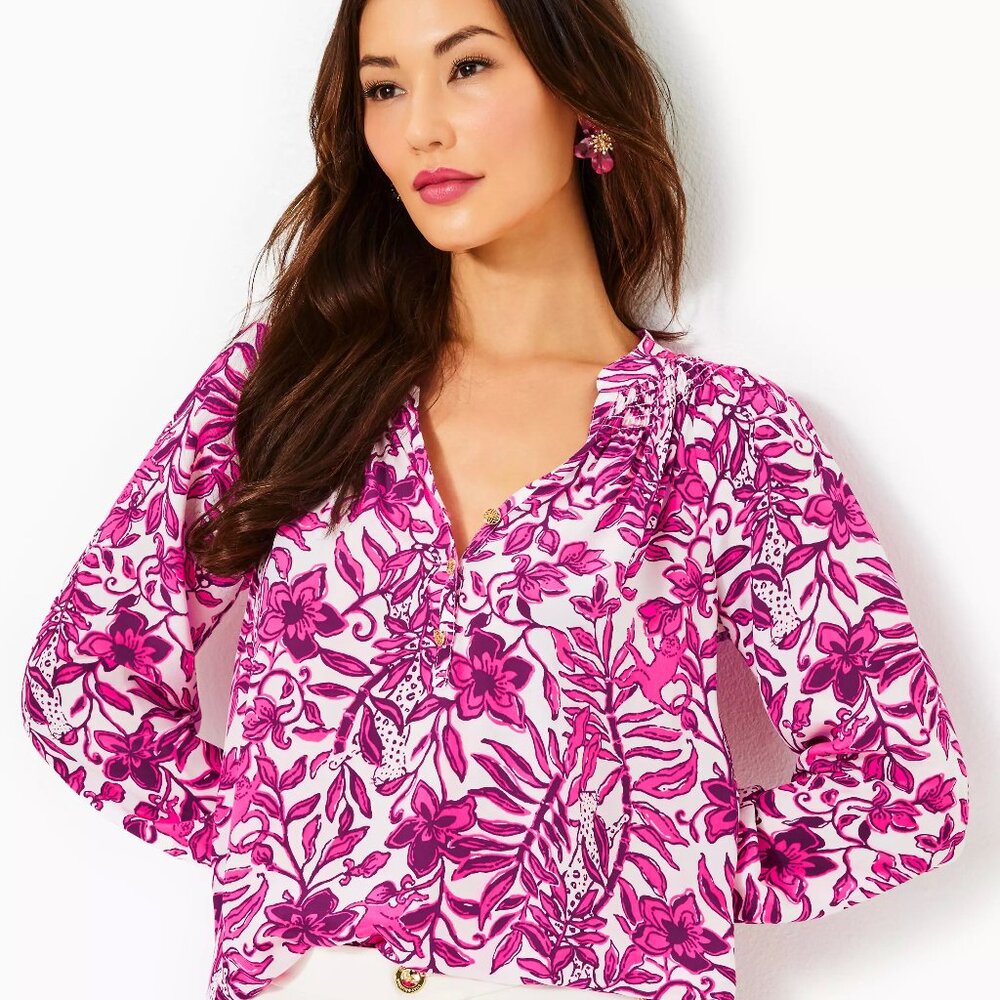 New Lilly Pulitzer Elsa Silk Top, Elderflower Blossom Lil Escape Plan